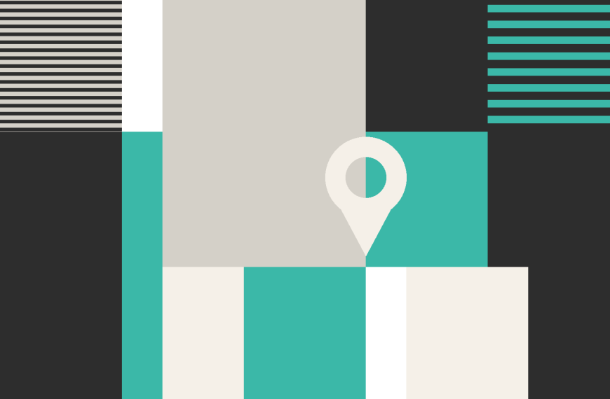 Bauhaus-style graphic with a location pin, illustrating Cainiao's nationwide express delivery coverage in Mexico