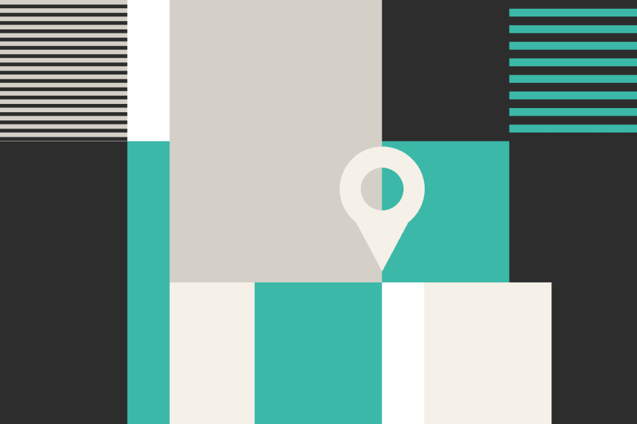 Bauhaus-style graphic with a location pin, illustrating Cainiao's nationwide express delivery coverage in Mexico